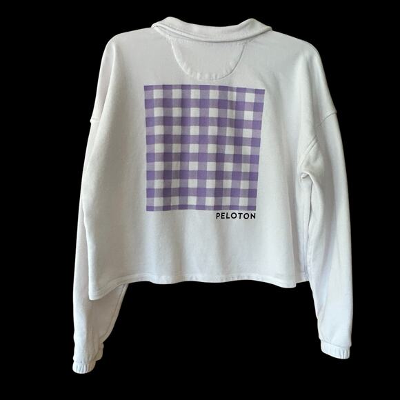 Peloton Gingham Logo Cropped Polo Sweatshirt White Purple L - Picture 5 of 10